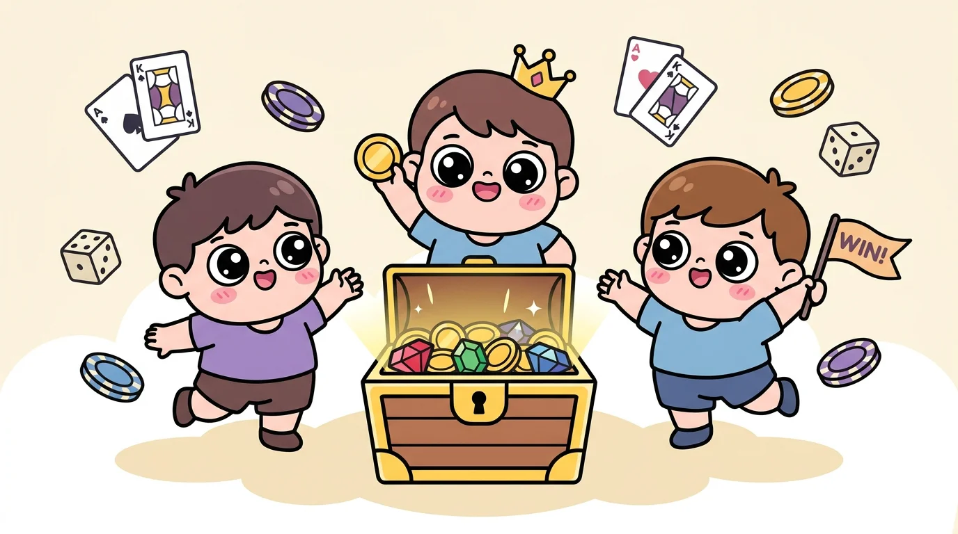 Cute cartoon characters celebrating around a treasure chest with casino coins and cards
