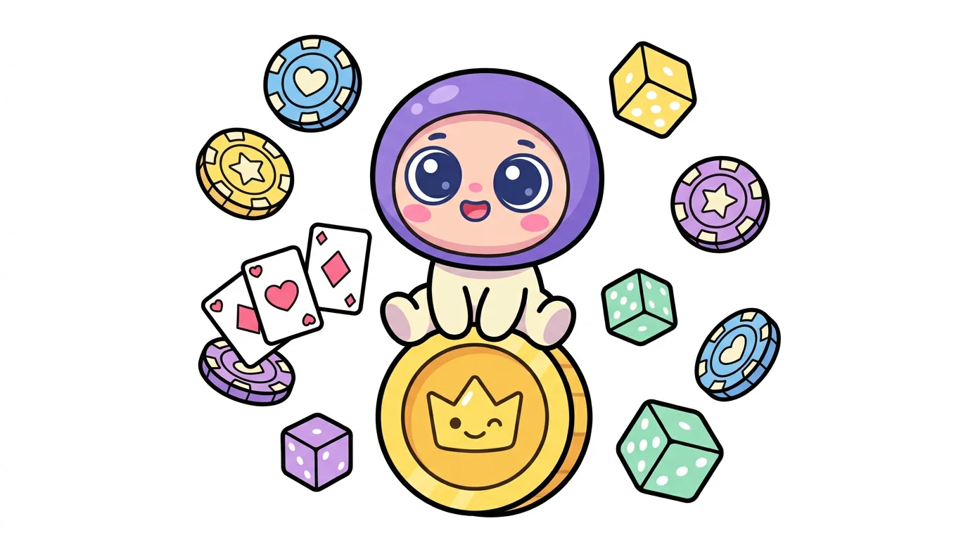 Cute cartoon character sitting on a golden coin surrounded by casino chips and cards