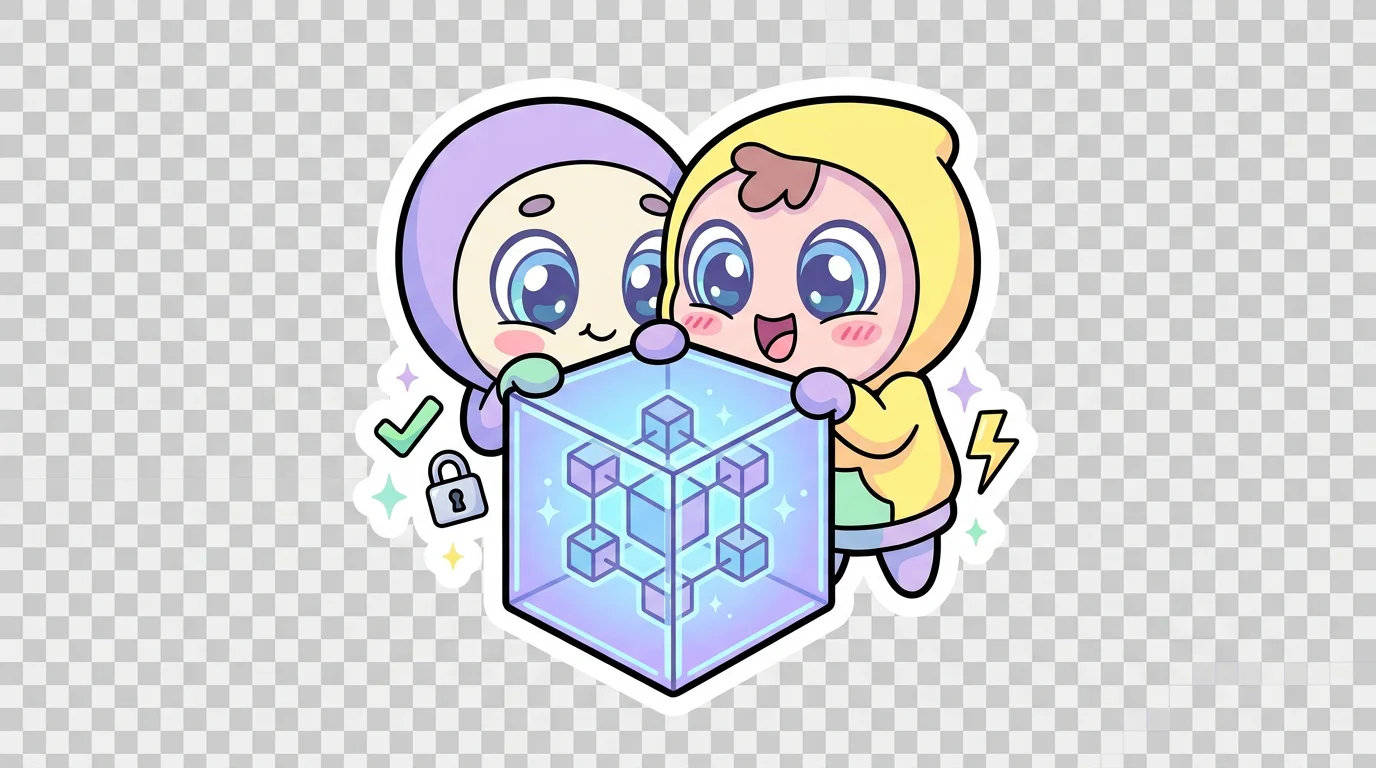 Cute cartoon character inspecting a glowing blockchain cube with trust and speed icons