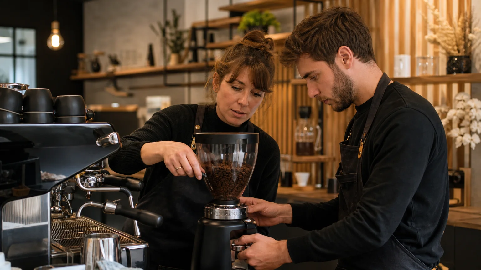Une formatrice et un apprenant règlent un moulin pendant une formation barista