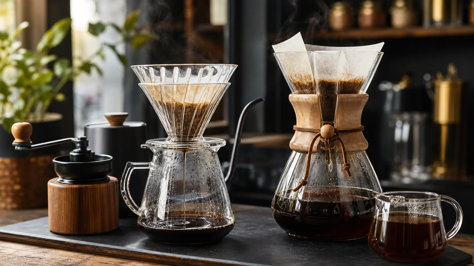 Matériel de slow coffee installé sur un comptoir de café
