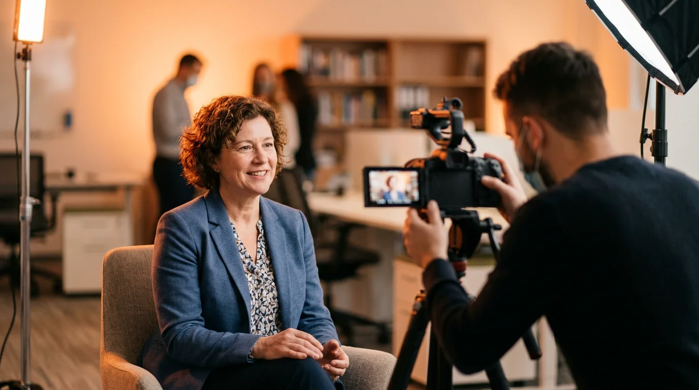 Scène de tournage d'un témoignage client en vidéo dans un bureau