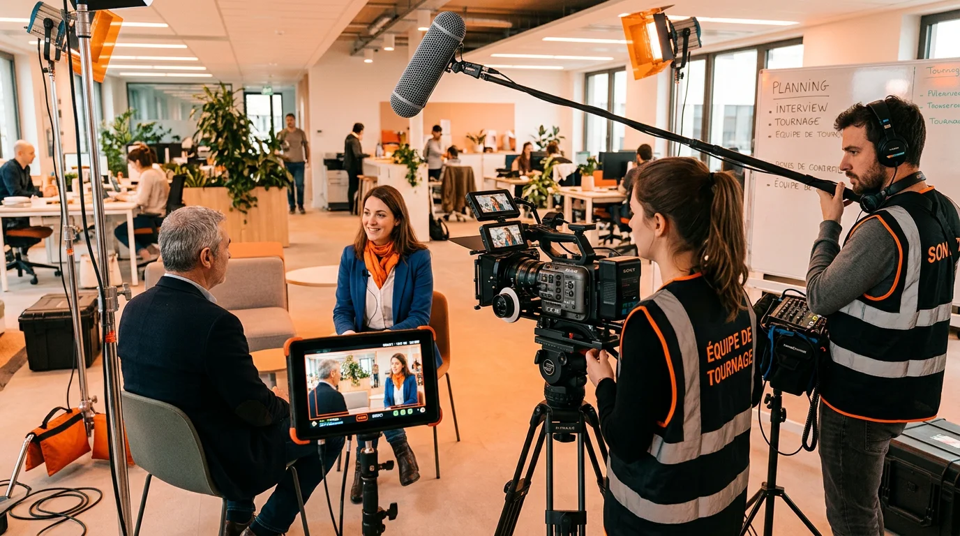Équipe filmant une interview de témoignage client sur un plateau