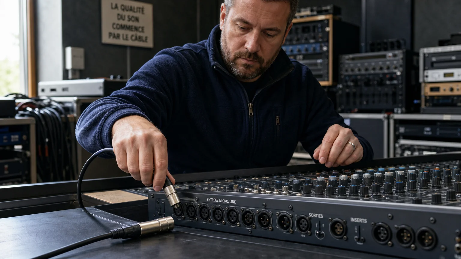 Technicien raccordant un câble XLR à une console audio dans une régie professionnelle