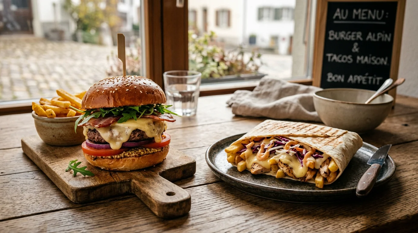 Un burger gourmand et un tacos français côte à côte sur une table en bois
