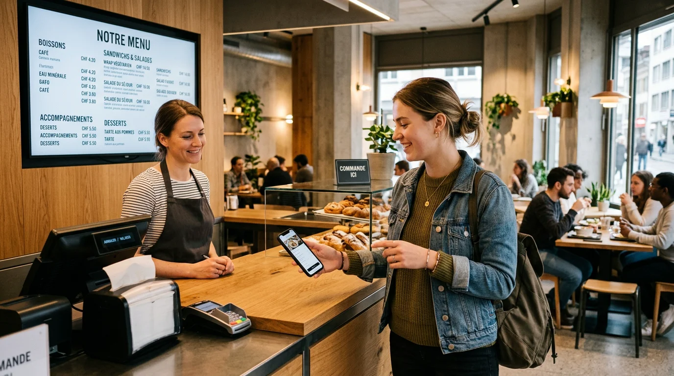 Client passant une commande de repas rapide sur son smartphone au comptoir