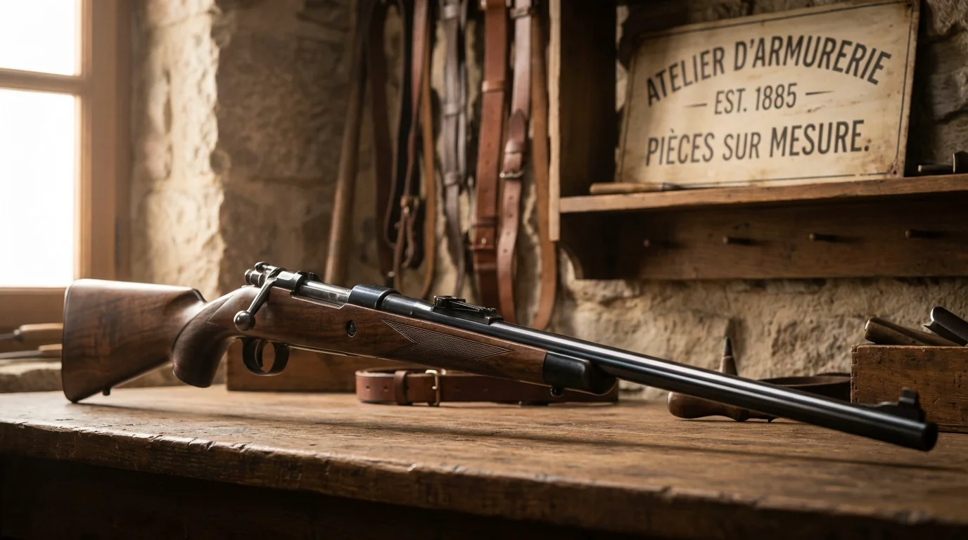 Carabine à verrou de précision posée sur une table en bois dans une armurerie française