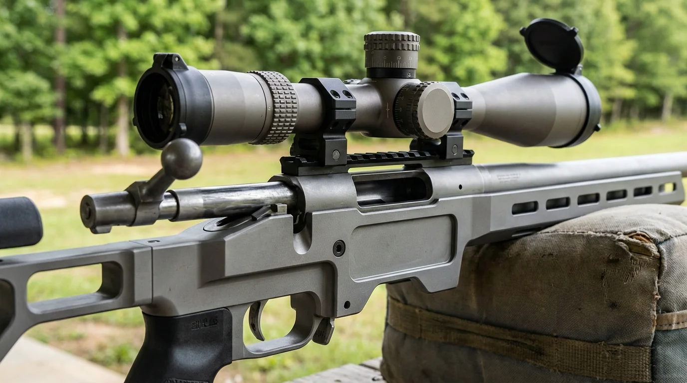 Gros plan sur le boîtier de culasse d'une carabine à verrou avec lunette de précision montée