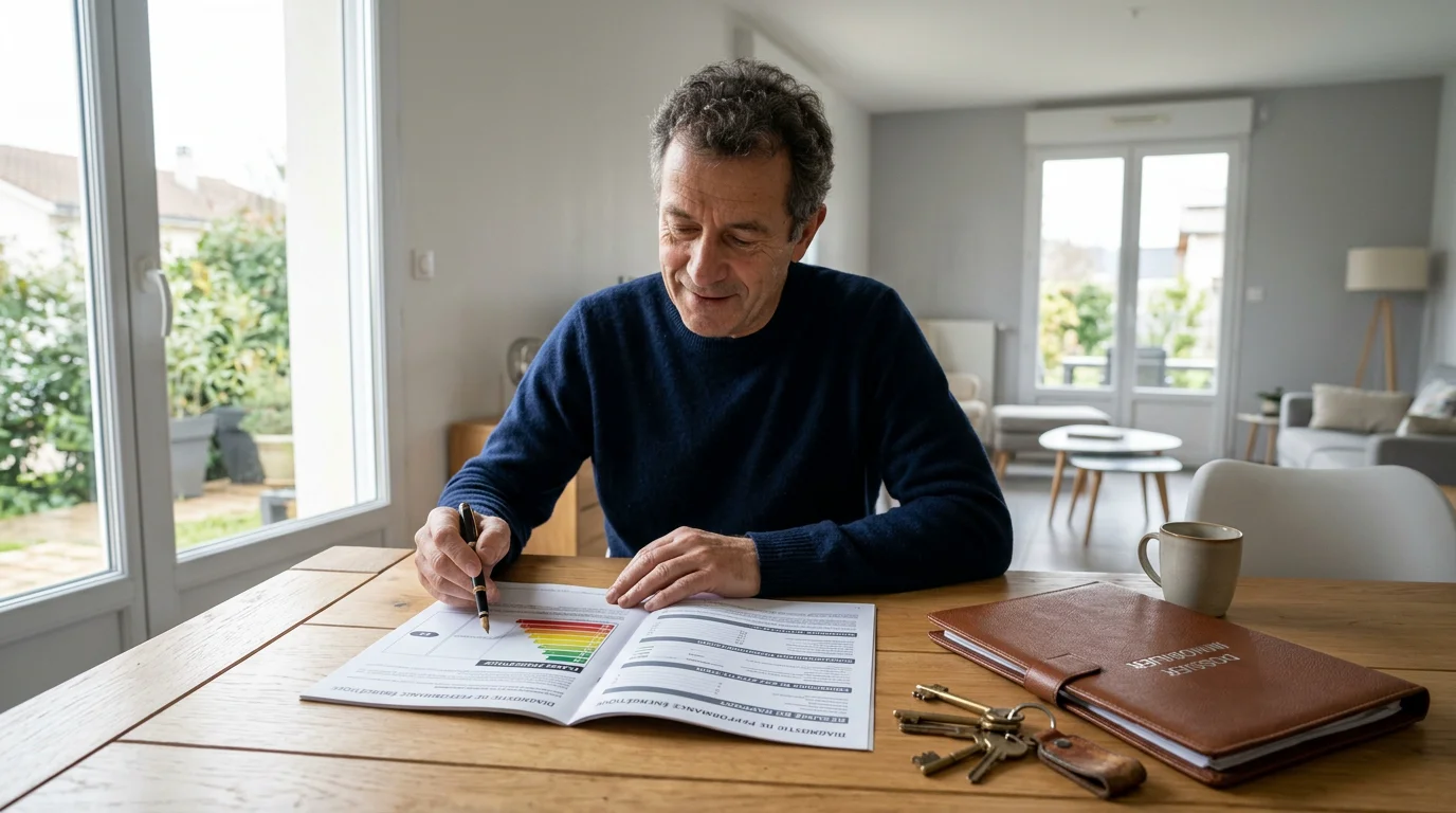Propriétaire consultant son diagnostic de performance énergétique avant la vente de sa maison