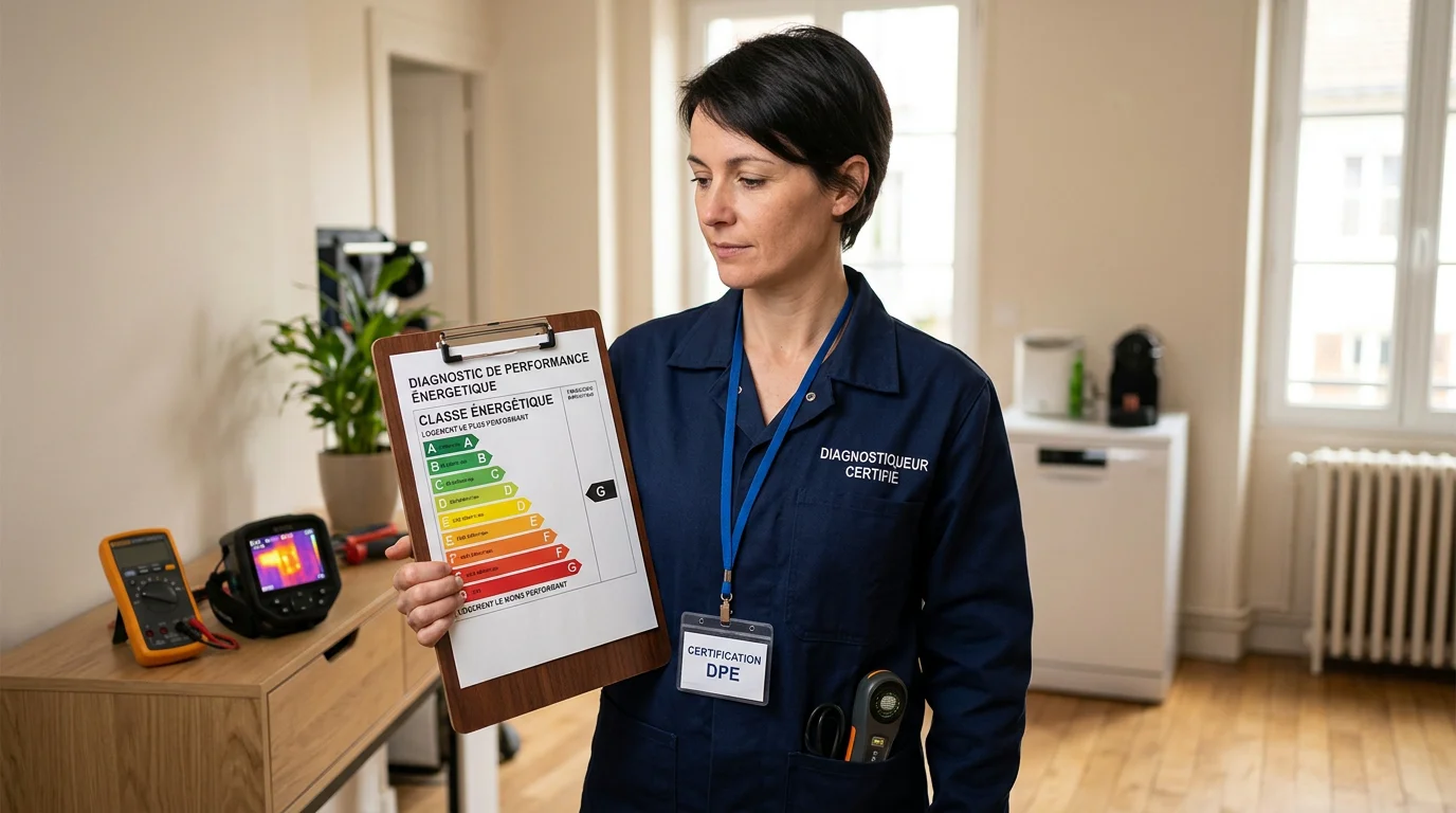 Étiquette énergétique de A à G présentée par un diagnostiqueur certifié