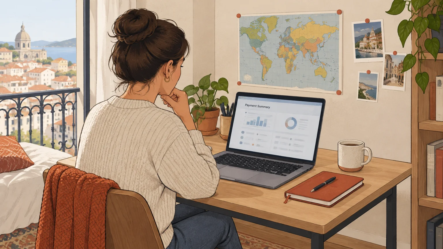 Digital creator checking payment and payout details while living abroad