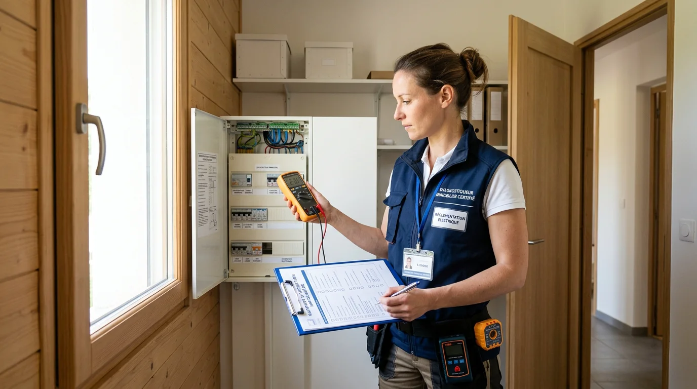 Diagnostiqueur certifié inspectant une installation électrique dans une maison en France