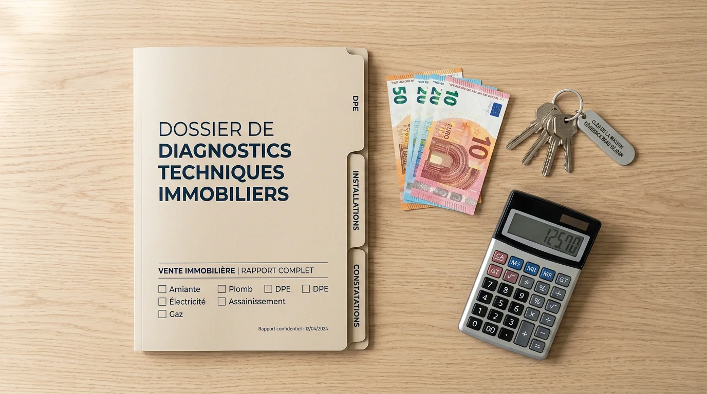 Dossier de diagnostics immobiliers posé sur un bureau avec clés et calculatrice