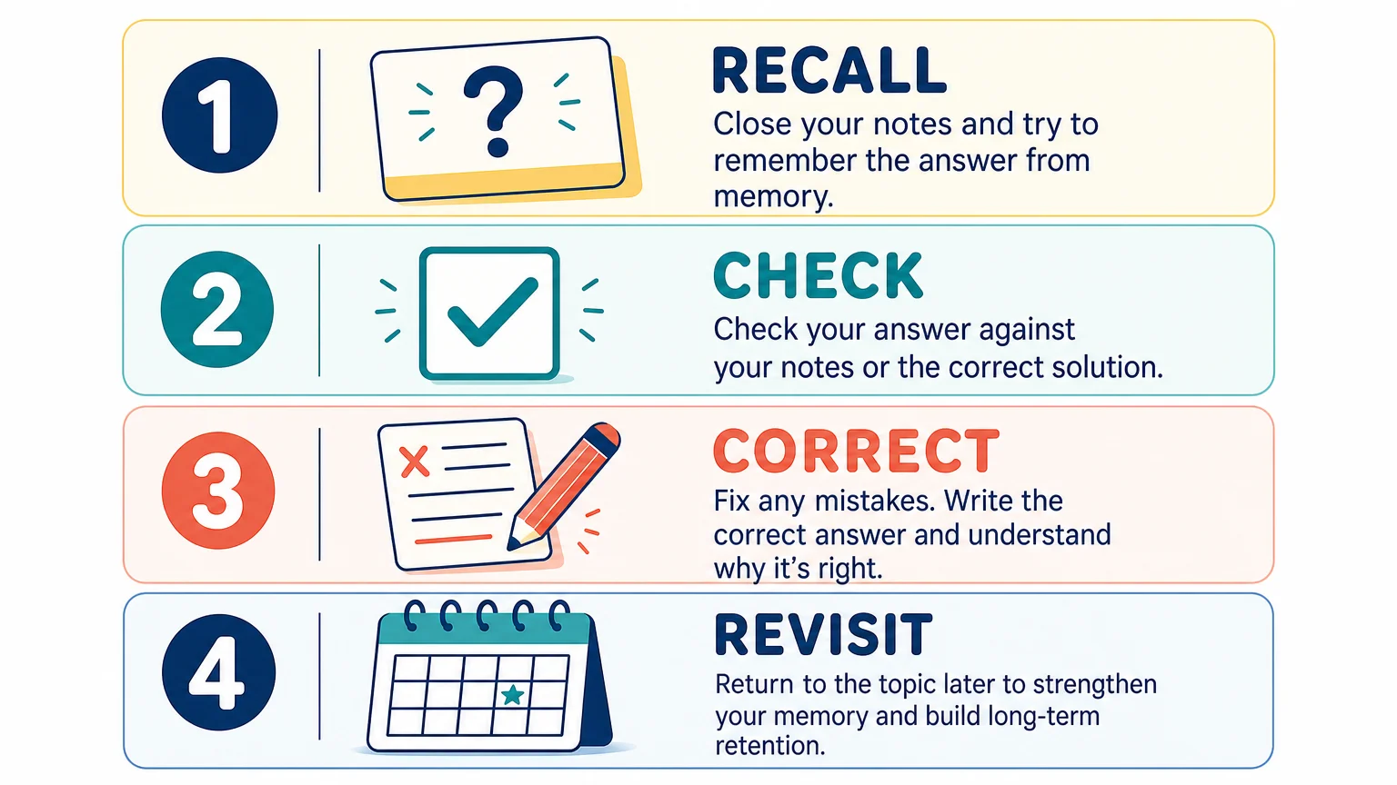 Four step quiz routine for recall, feedback, correction, and spaced review