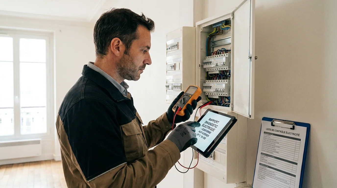 Diagnostiqueur immobilier certifié réalisant un contrôle électrique dans un appartement en location