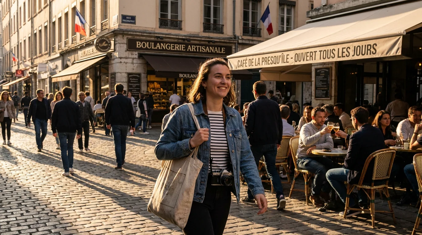 Étudiant marchant dans une rue animée du centre-ville de Lyon