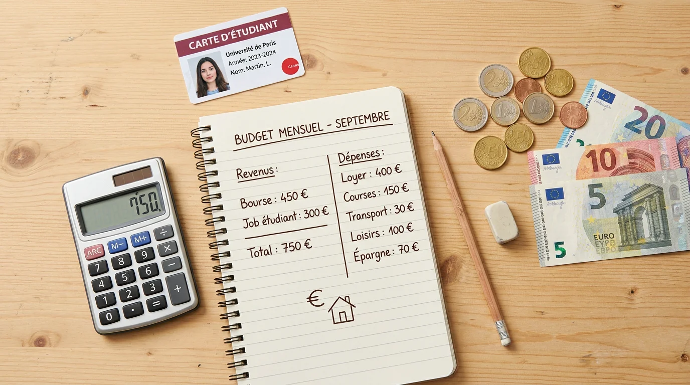 Budget étudiant avec calculatrice, euros et carnet de notes en français