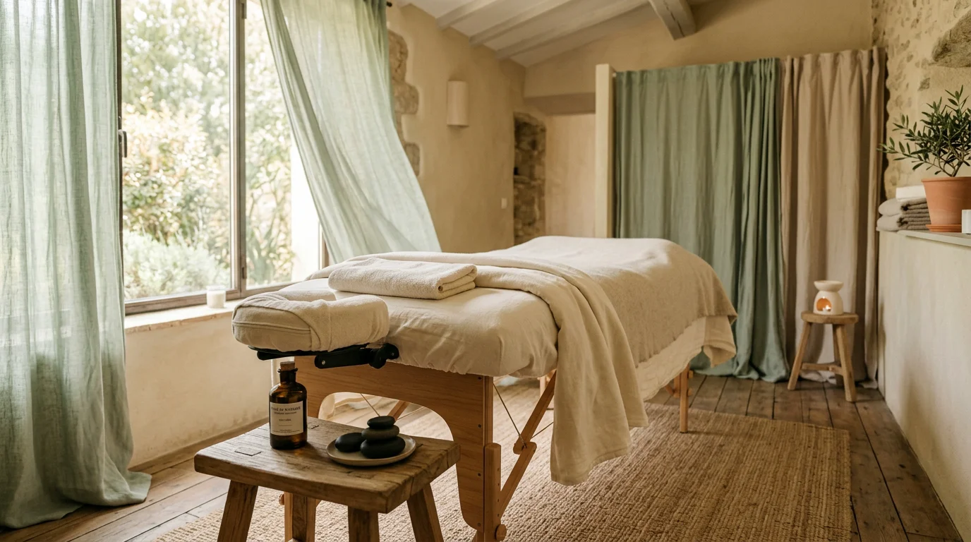 Cabine de soin apaisante prête pour un massage cachemirien