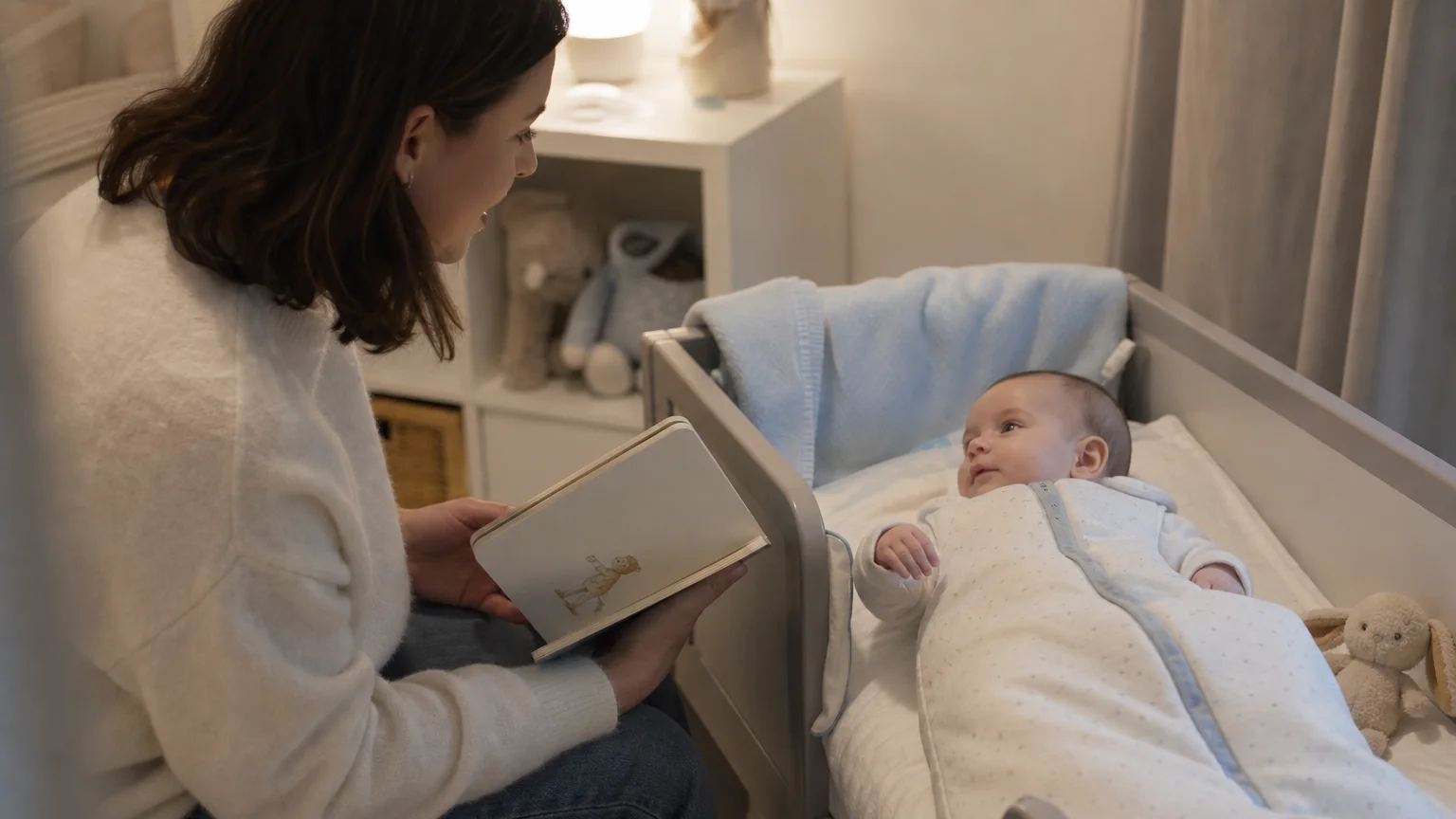 Parent lisant une histoire à un bébé avant le coucher.