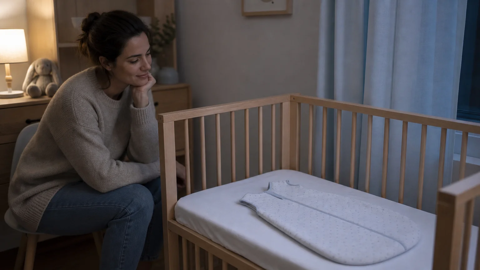 Chambre de bébé sécurisée avec parent présent à proximité.
