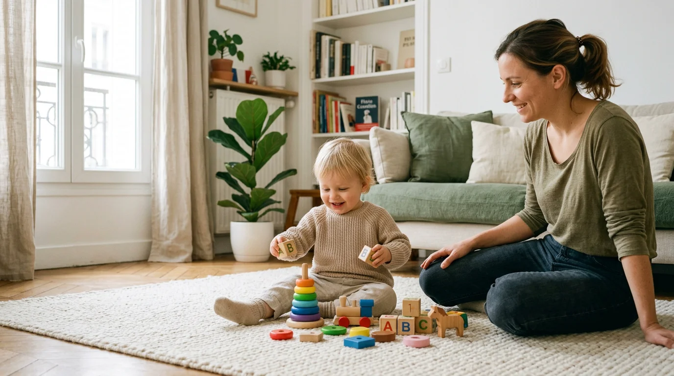 Un jeune enfant joue avec une assistante maternelle dans un salon lumineux