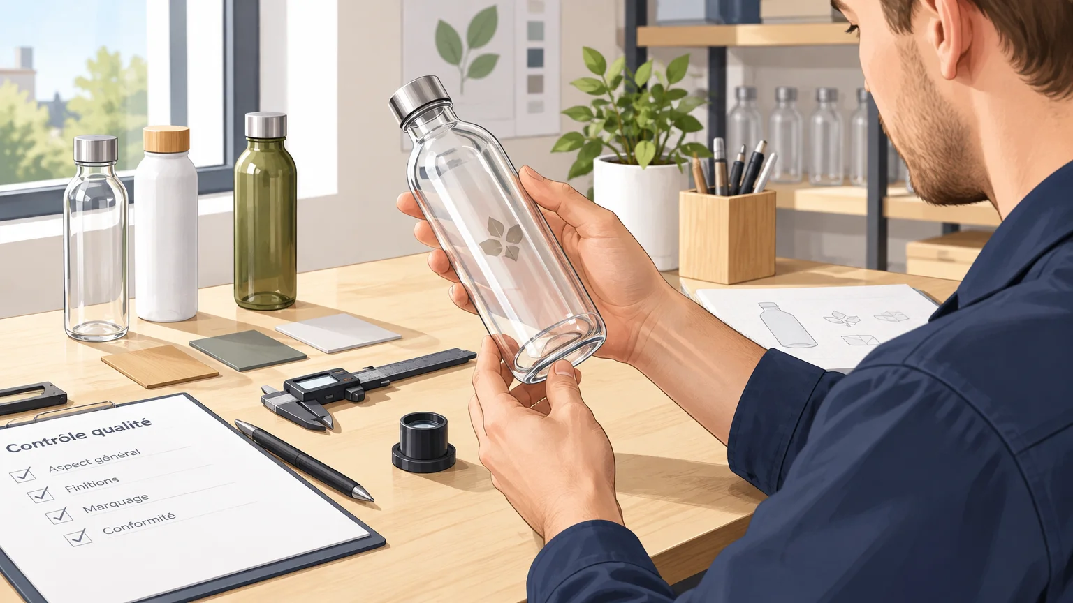 Un professionnel vérifie le marquage d’une bouteille en verre