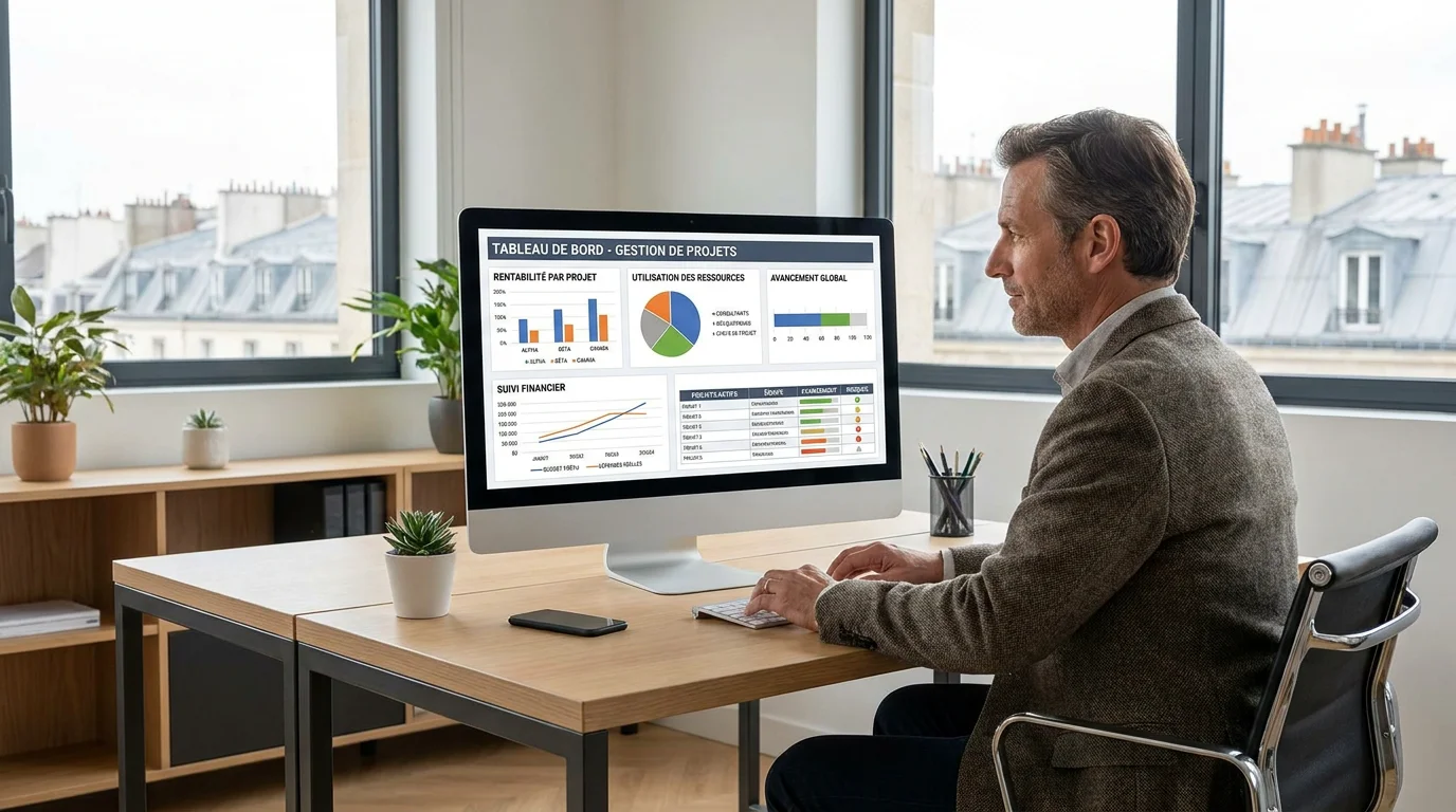 Tableau de bord de gestion d'affaires pour ESN affiché sur un écran d'ordinateur dans un bureau moderne