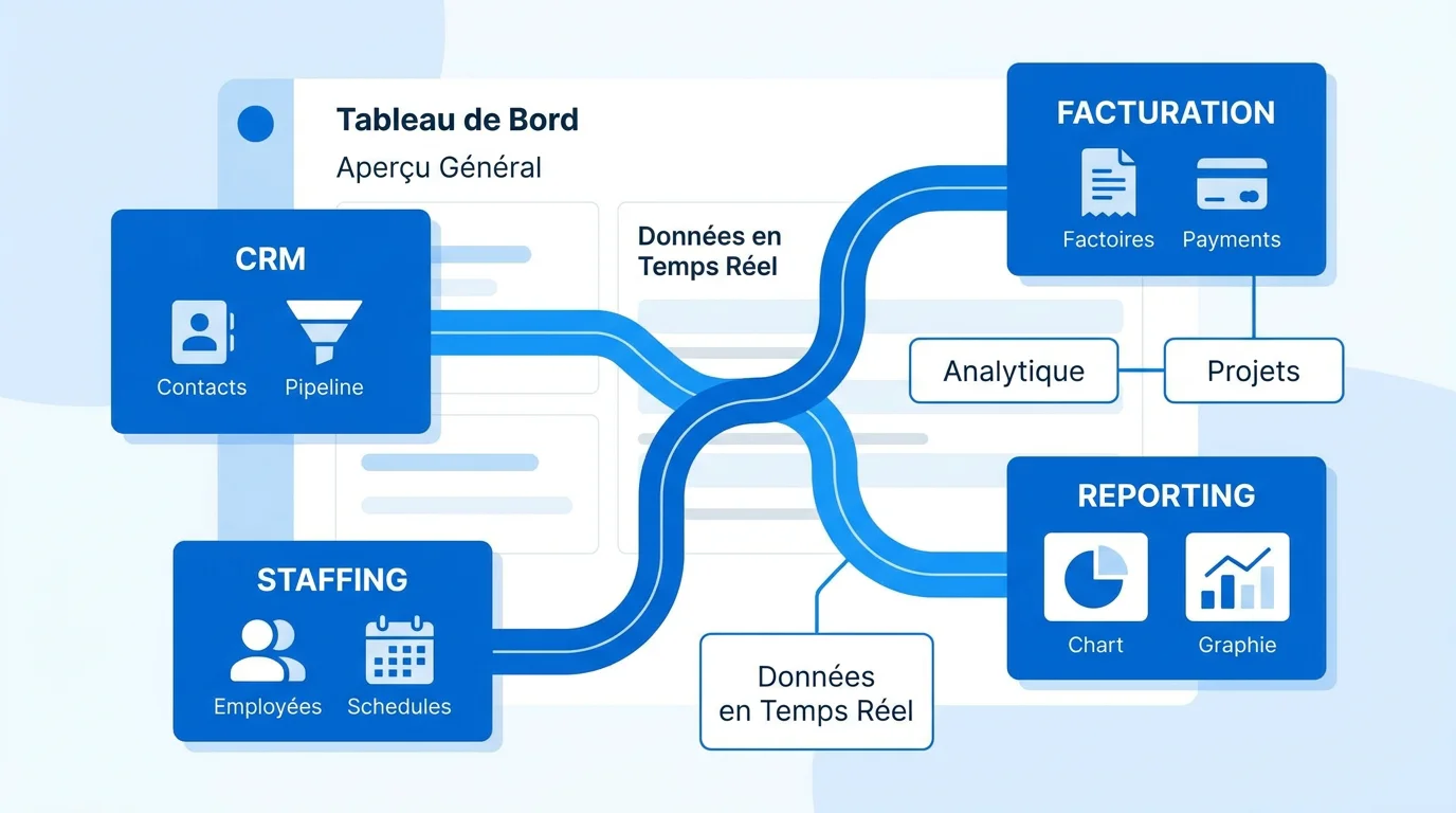 Illustration de modules interconnectés d'un logiciel de gestion pour ESN