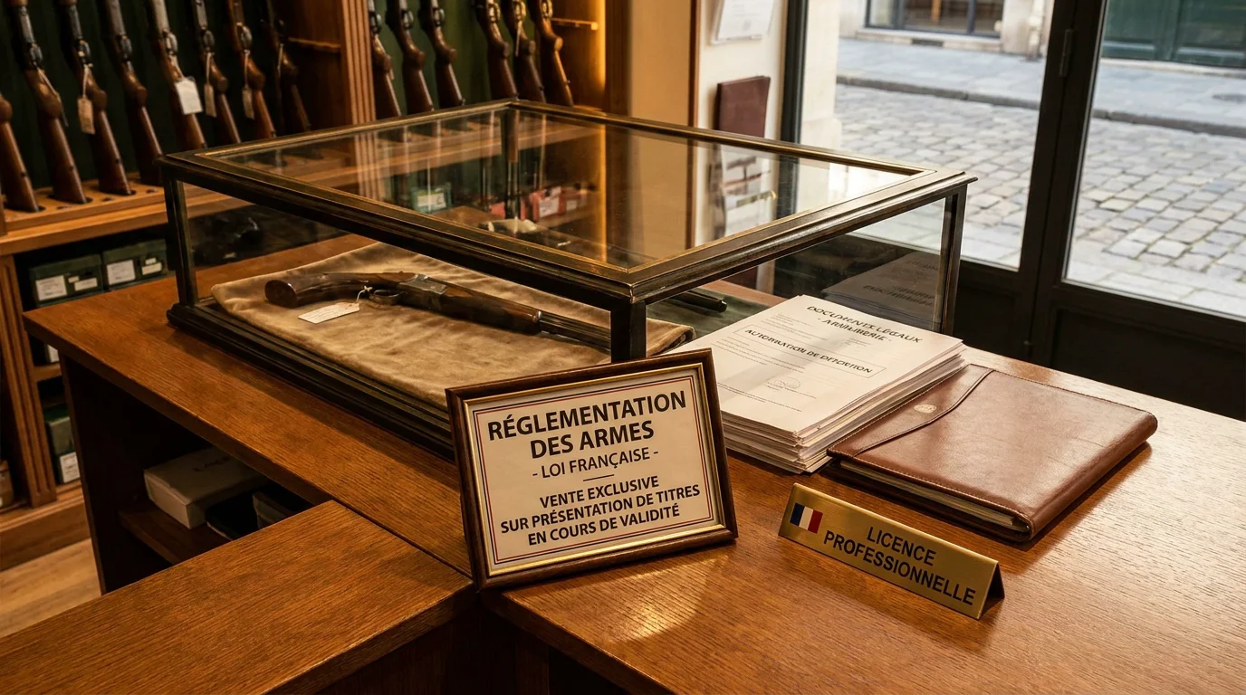 Comptoir d'armurerie française avec arme sous vitrine sécurisée et documents réglementaires