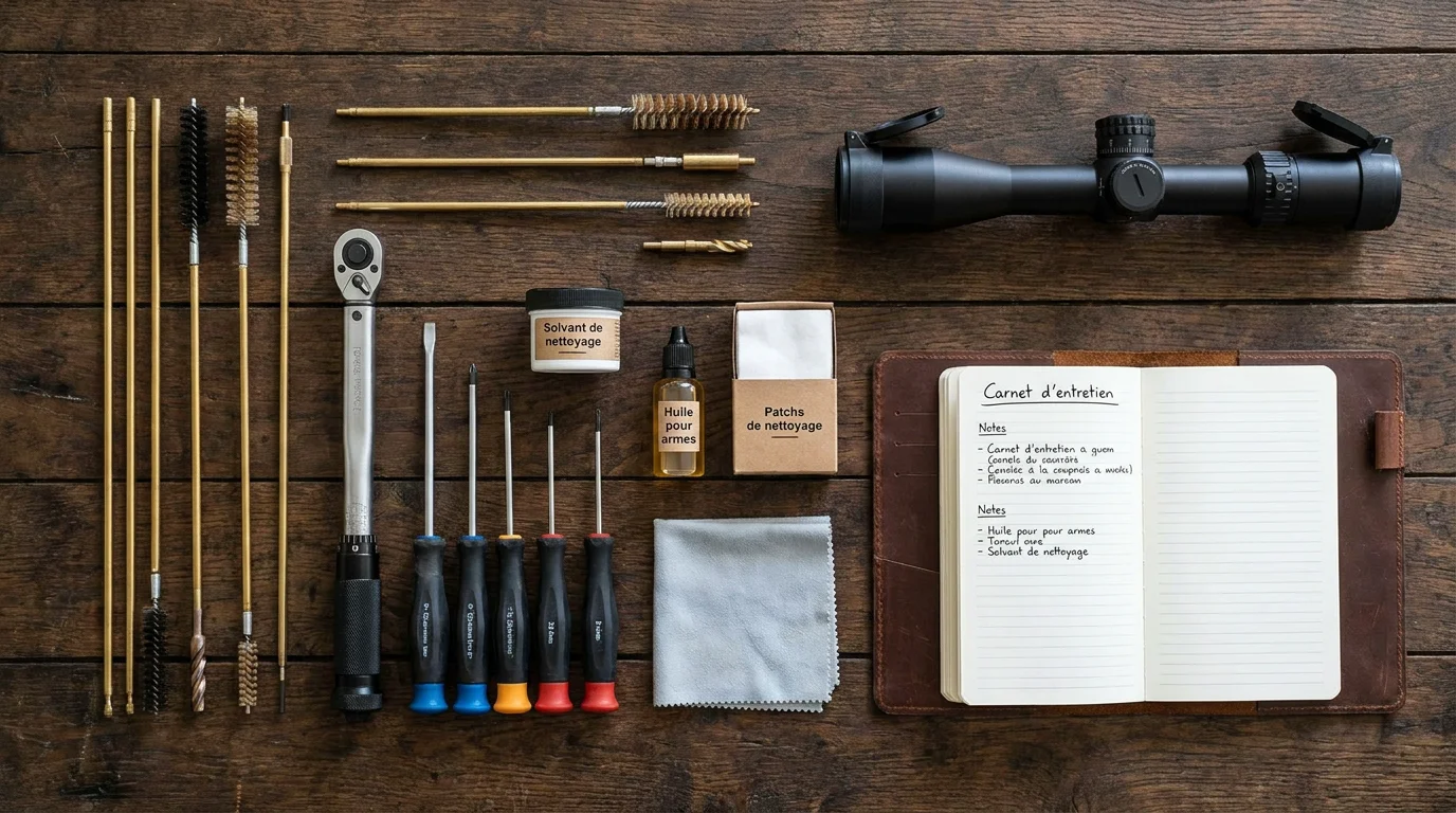 Accessoires d'entretien d'armes à feu et optique de précision disposés sur une table en bois