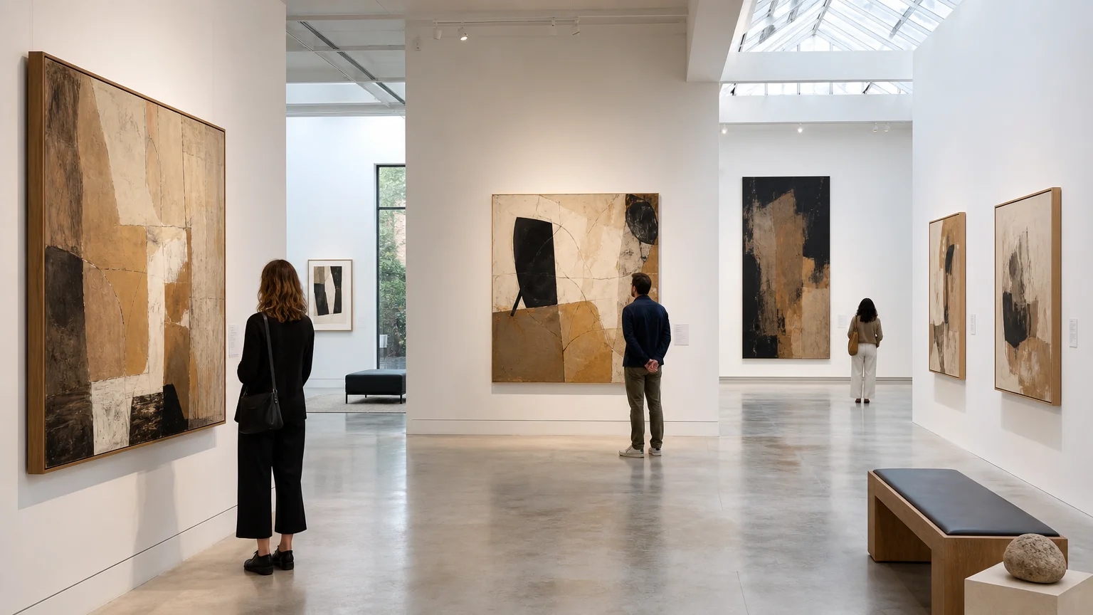 Visitors viewing large abstract paintings inside a bright modern art gallery