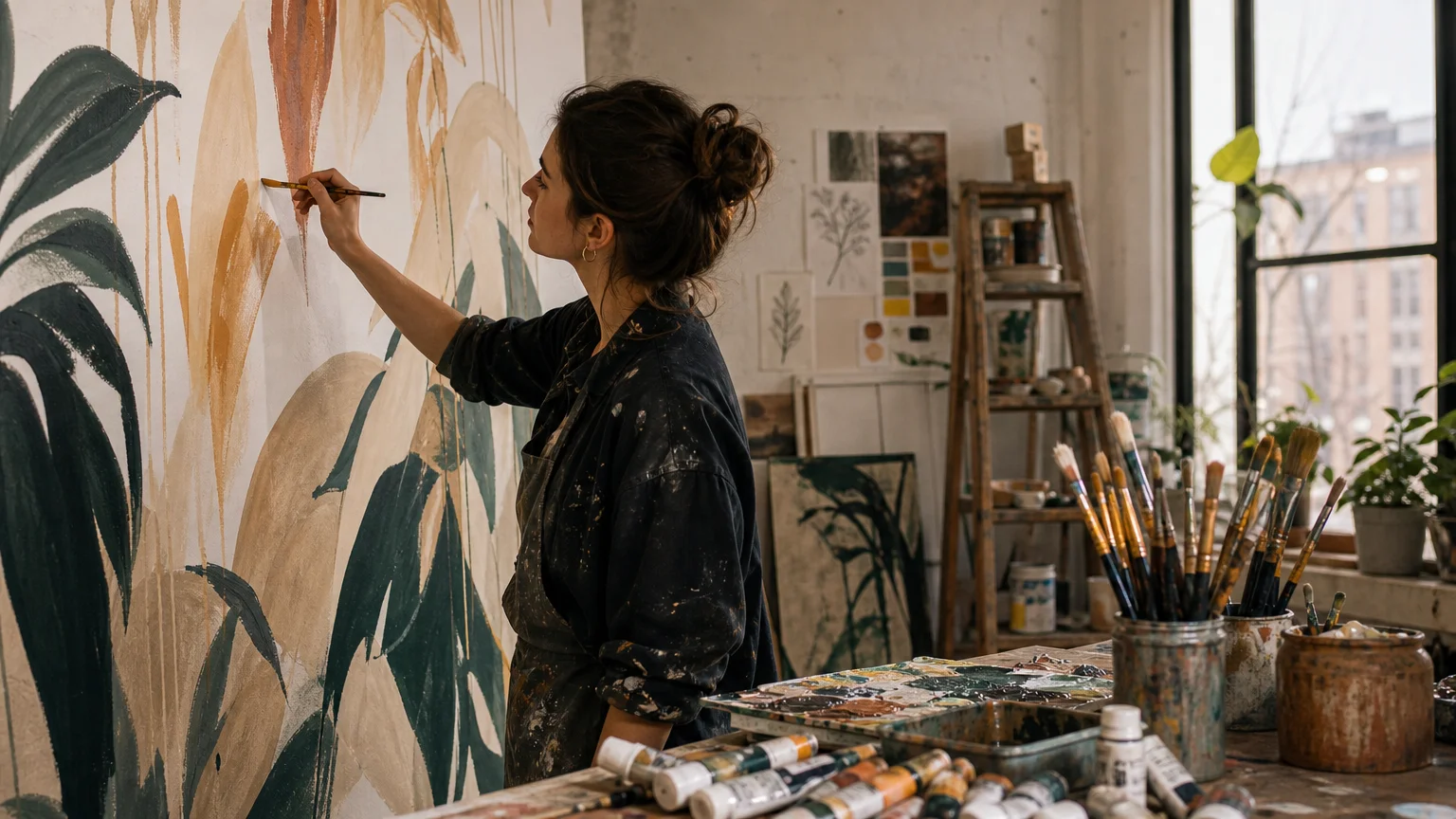 Artist painting a large custom canvas in a bright studio