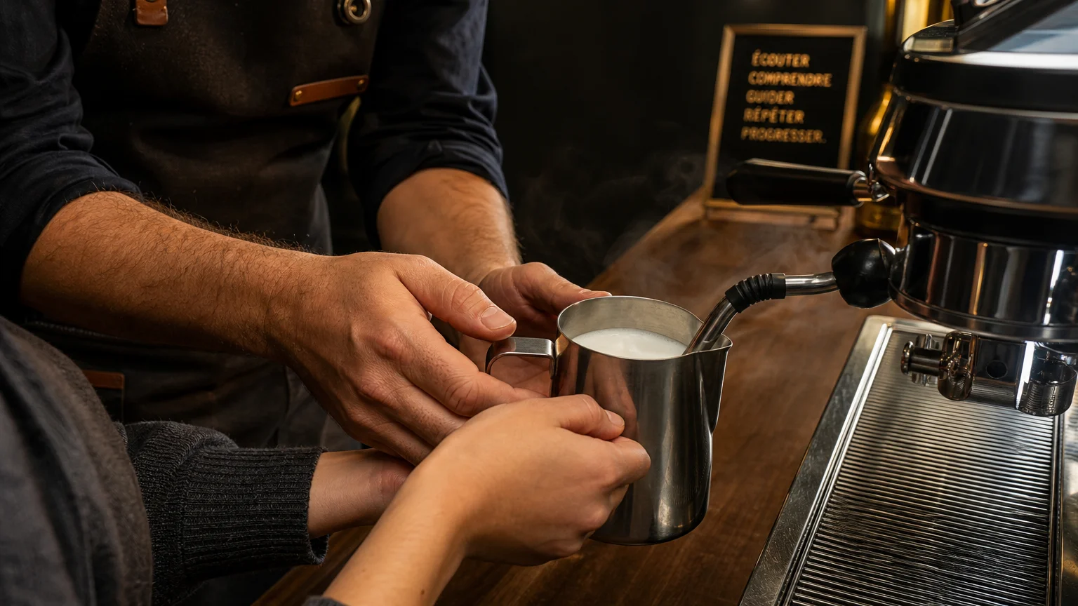 Un formateur barista européen guide un élève pour texturer le lait sur une machine espresso