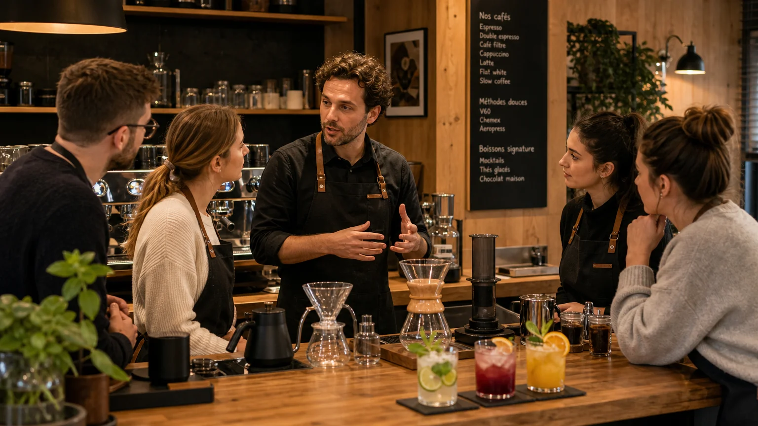 Formation barista en présentiel avec un formateur et des élèves européens dans un coffee shop à Lille