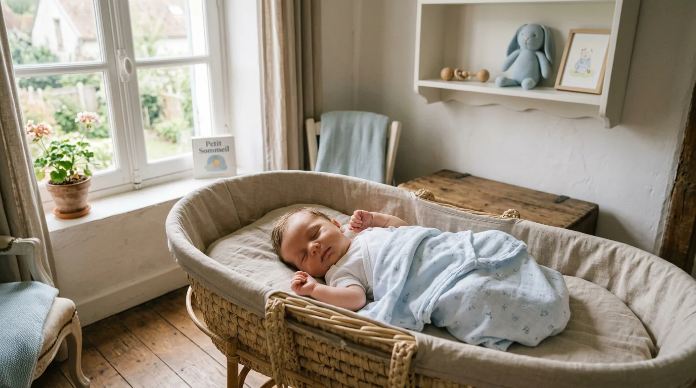 Bébé de 6 semaines endormi paisiblement sur le dos dans son couffin
