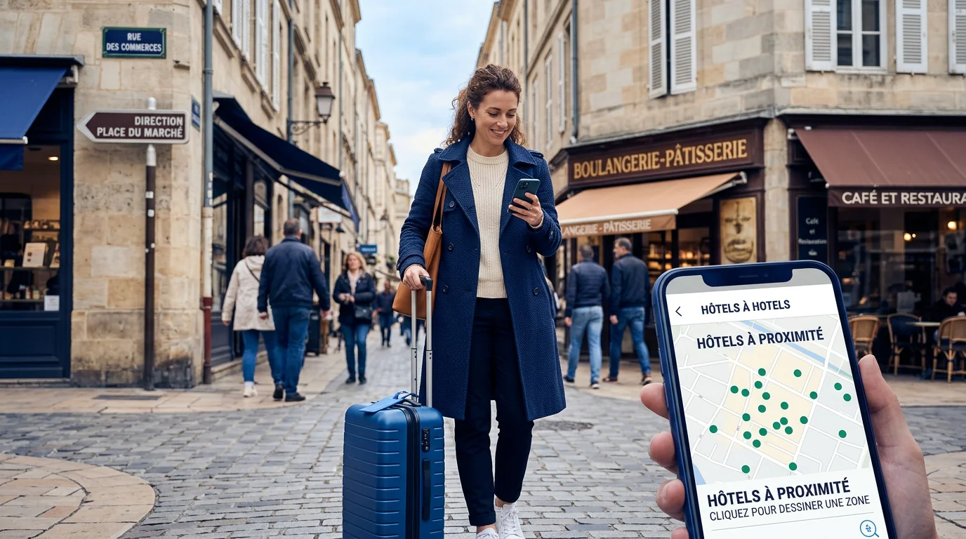 Voyageuse européenne cherchant un hôtel proche sur son smartphone en ville