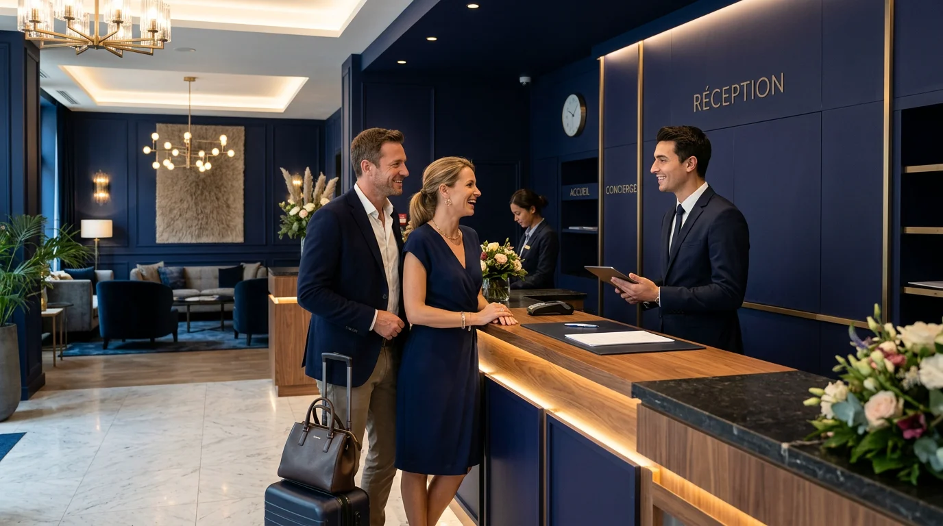 Couple européen accueilli à la réception d'un hôtel moderne
