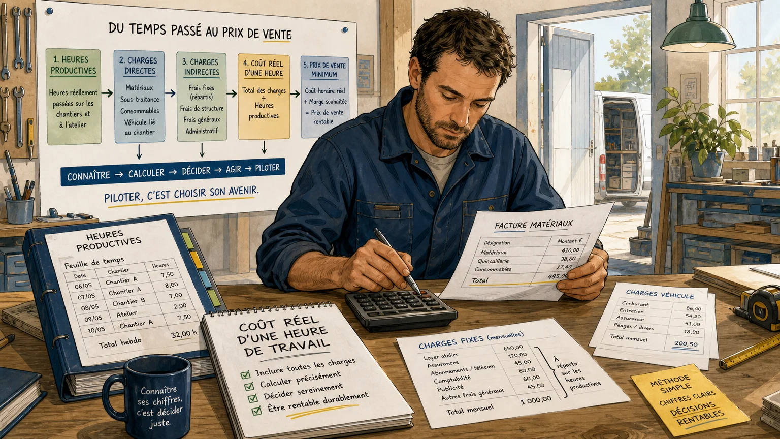 Artisan calculant son coût horaire réel à partir de ses charges