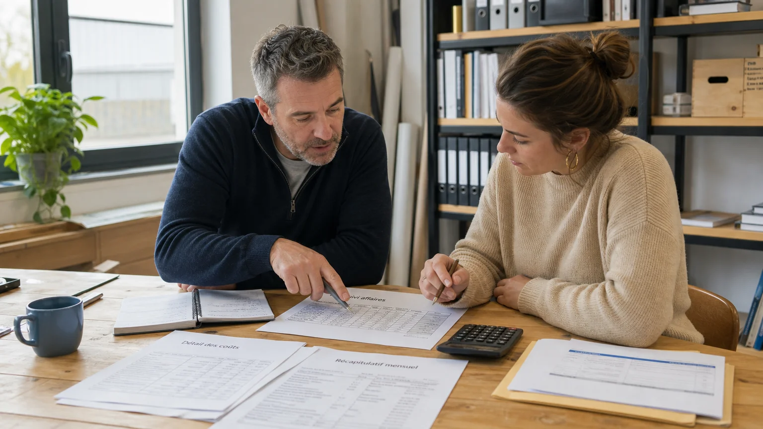 Dirigeant et collaboratrice analysant les coûts d’une activité autour d’un établi