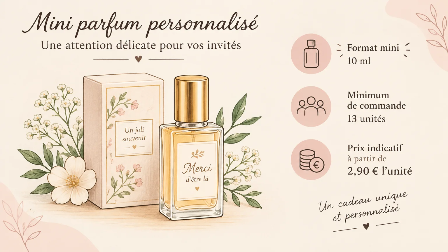 Illustrer le mini parfum personnalisé de 10 ml évoqué comme exemple de cadeau d’invité avec minimum de commande et prix indicatif.