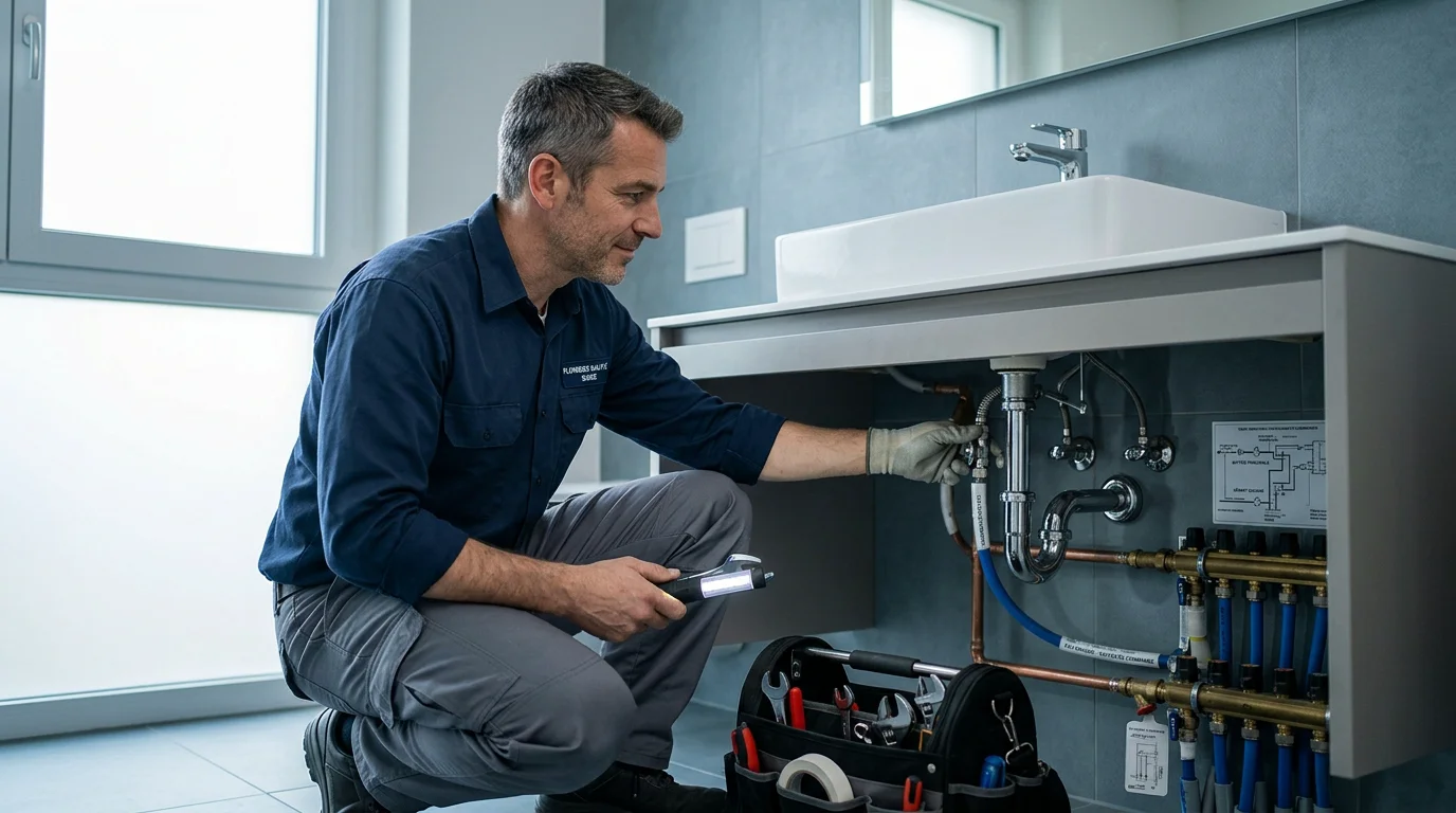 Plombier sanitaire inspectant une installation sous un lavabo