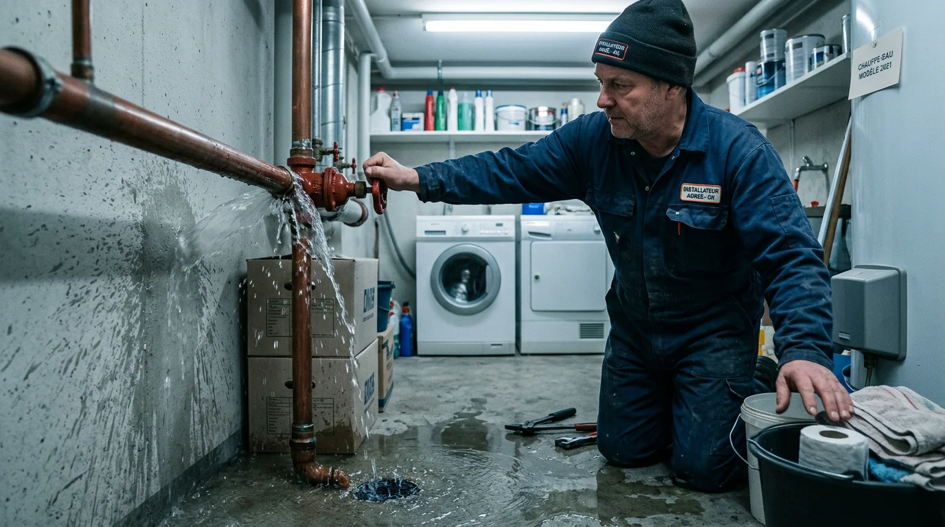 Fuite d'eau sur une conduite et main fermant une vanne d'arrêt