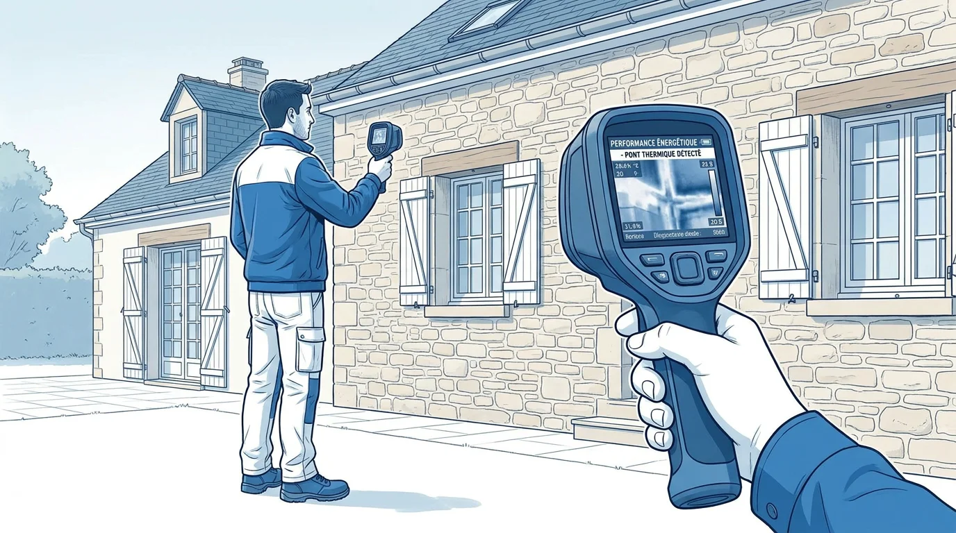 Diagnostiqueur immobilier inspectant une maison avec un appareil de mesure thermique