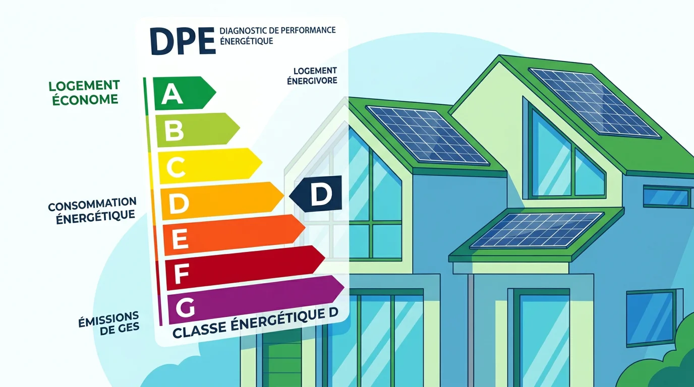 Étiquette énergétique DPE allant de A à G sur fond de maison française