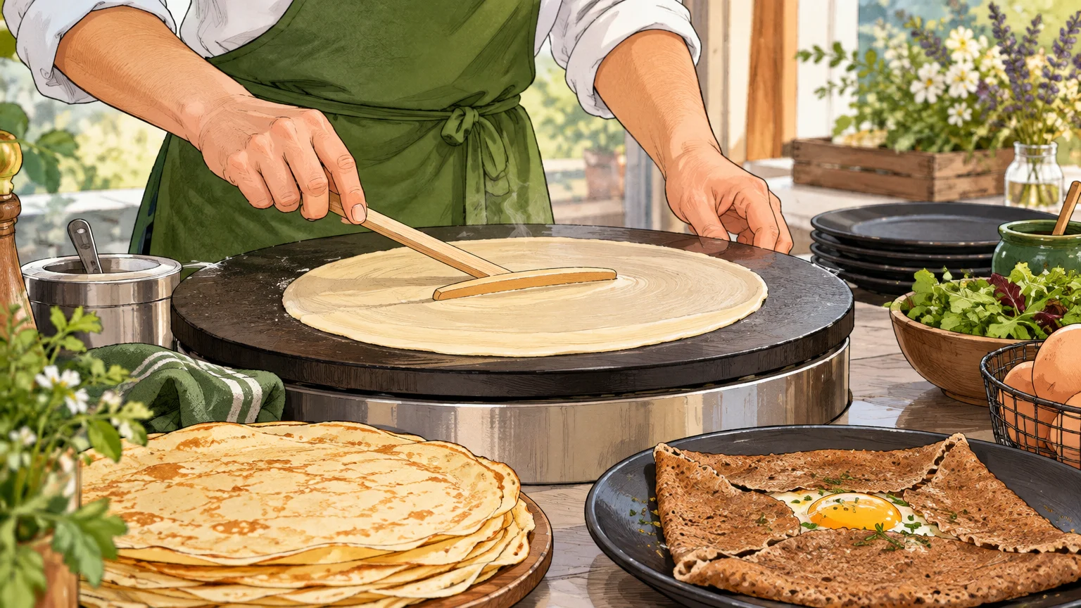 Préparation à la minute de galettes et de crêpes pour un brunch
