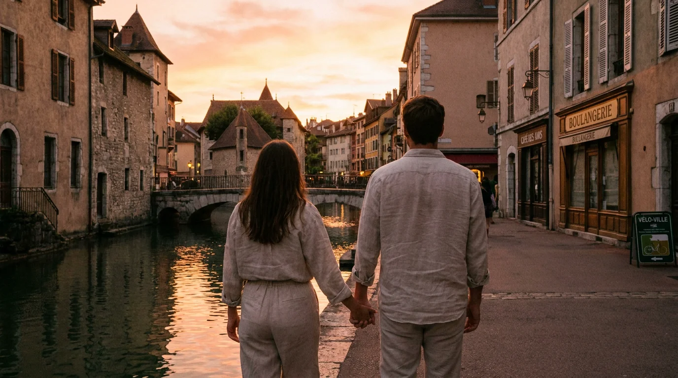 Couple se promenant main dans la main au coucher du soleil dans une ville française