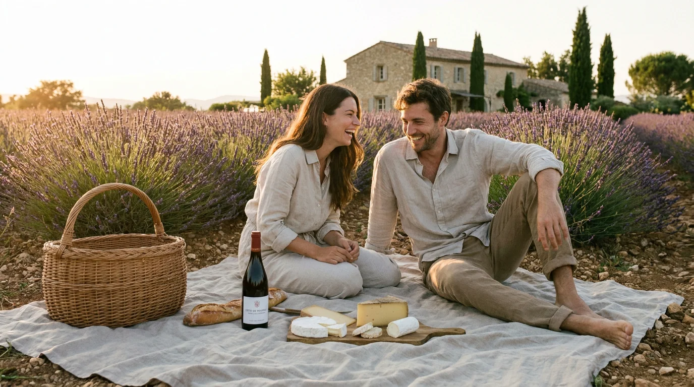 Couple partageant un pique-nique romantique dans un champ de lavande en Provence