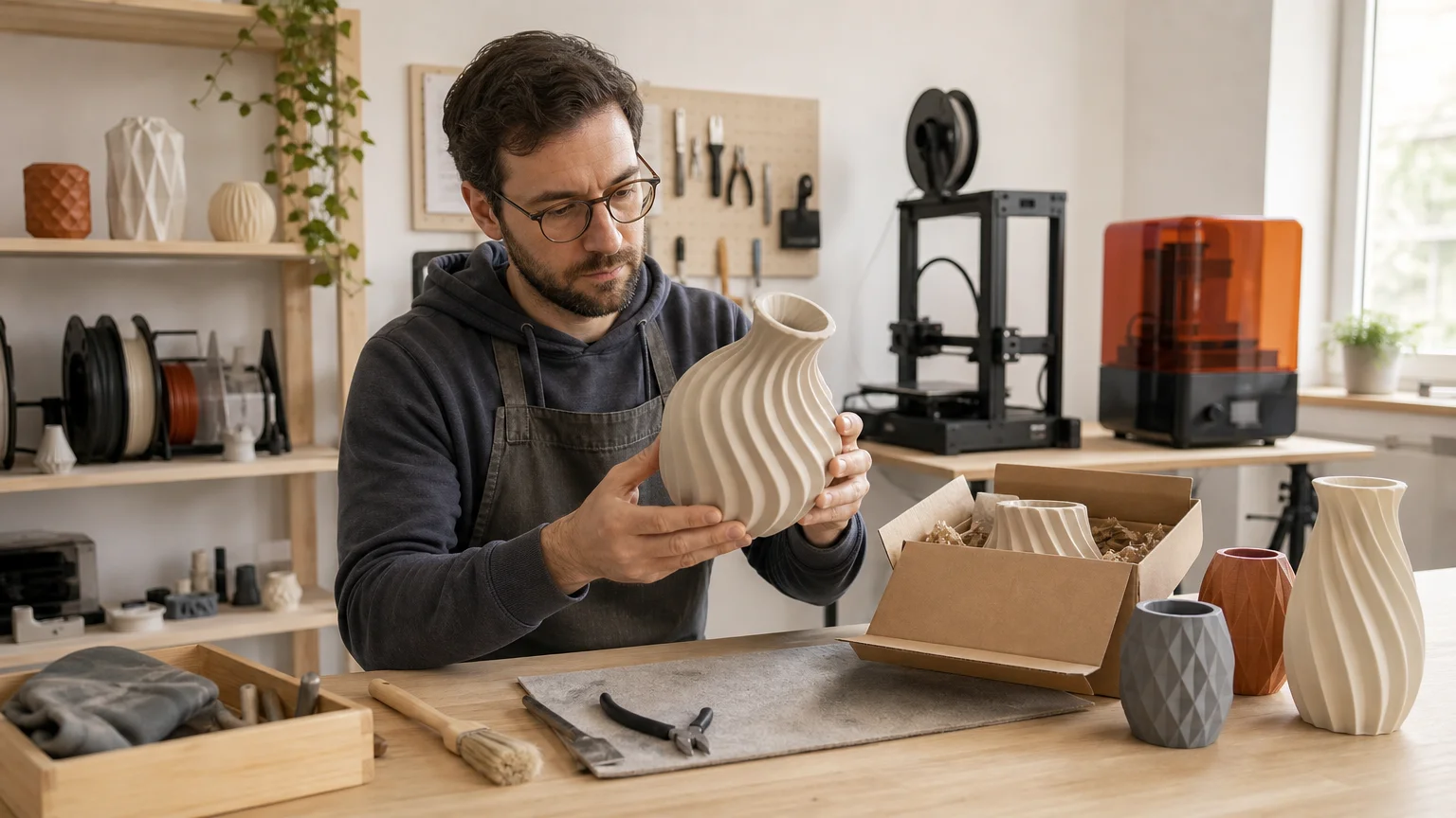 Contrôle manuel d’un objet décoratif imprimé en 3D dans un atelier