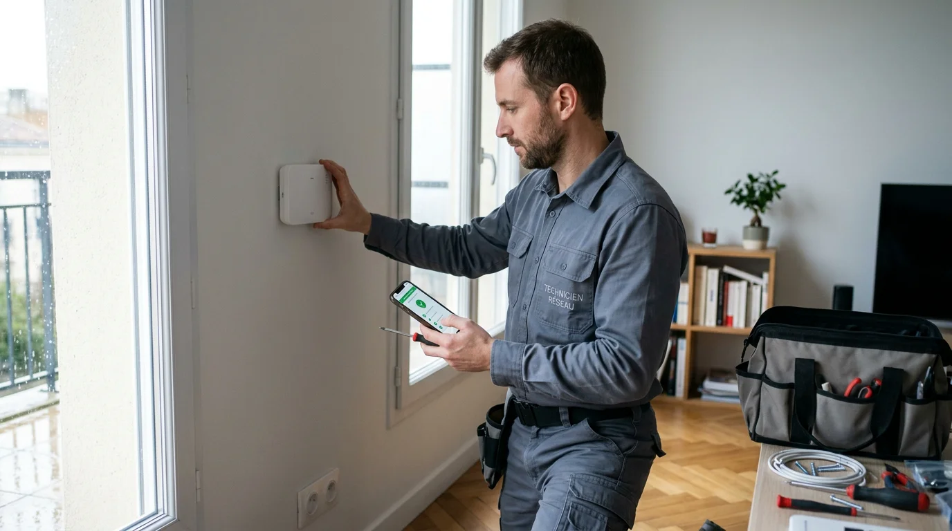 Technicien européen installant une centrale d’alarme sans fil pilotée par smartphone