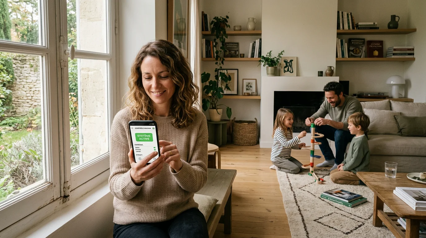Famille européenne consultant une application de sécurité domestique dans son salon